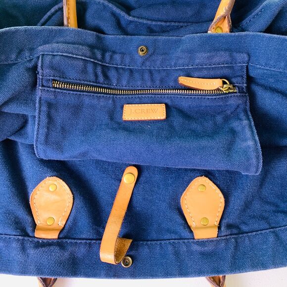 J Crew Blue Canvas Brown Leather Trim Large Shoulder Bag Carryall Tote Bag Beach - Picture 4 of 8